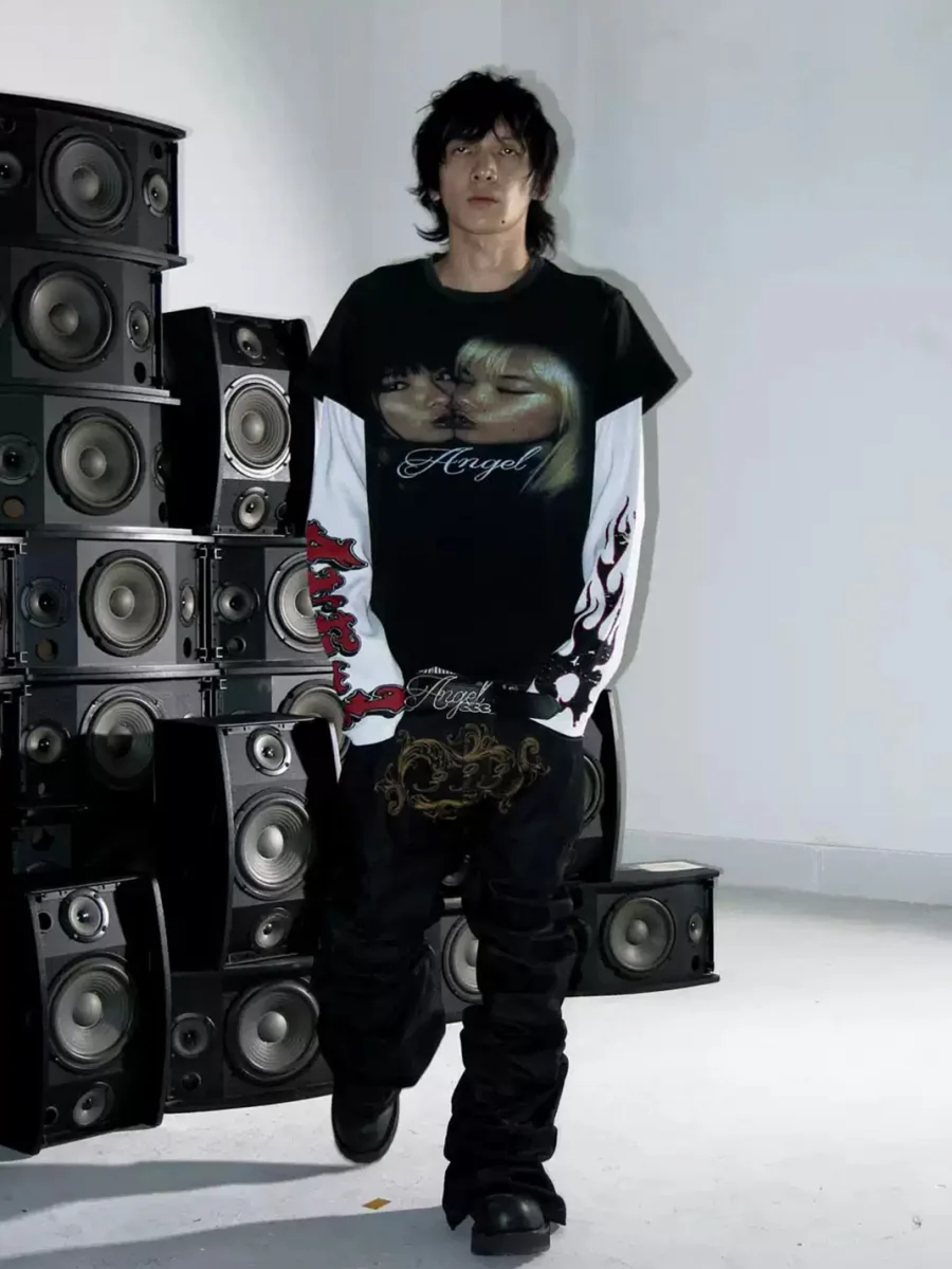 PCCVISION | Distressed Faux-Layered Waffle Panel Graphic Crewneck T-Shirt - 2