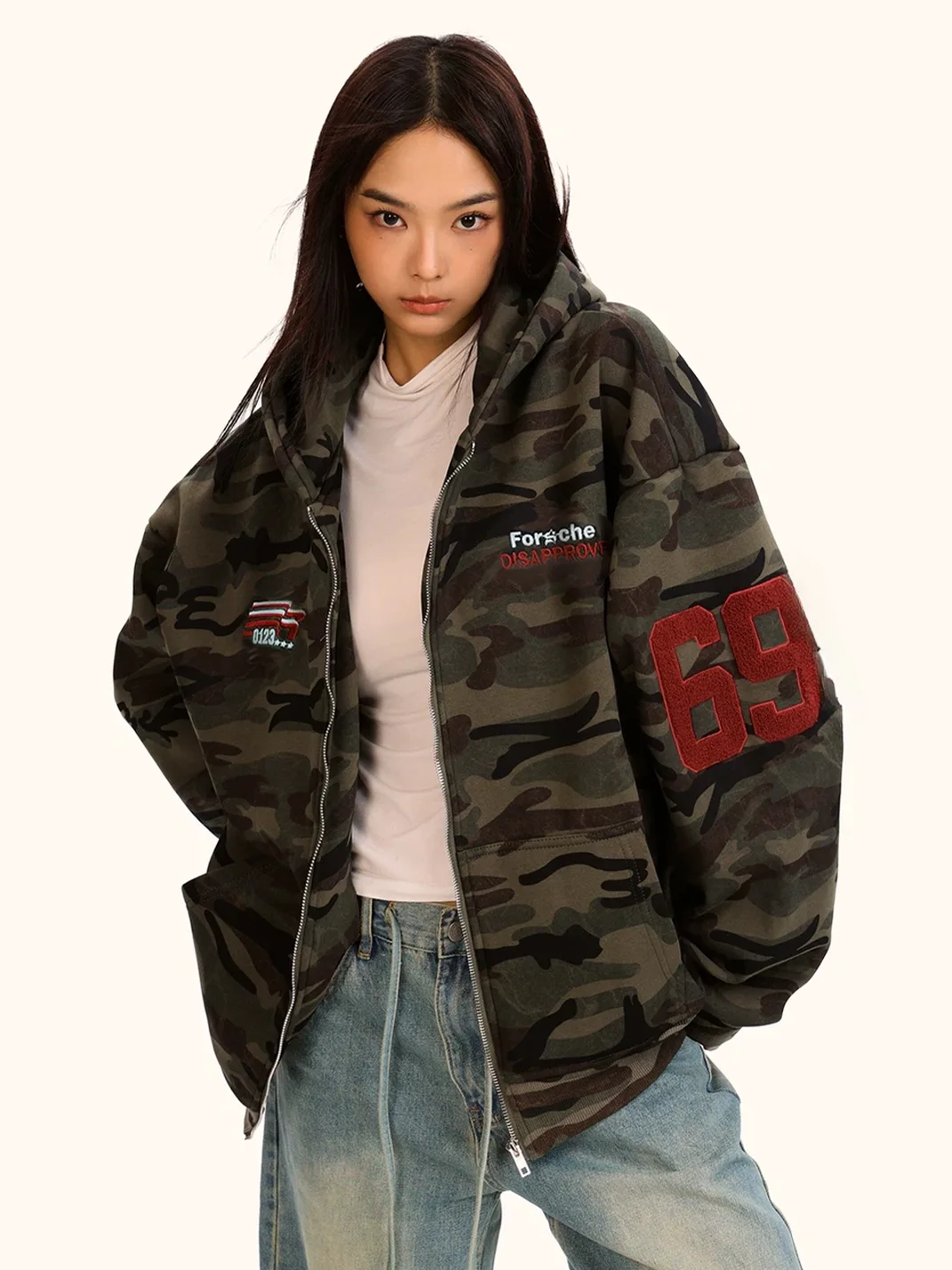 0123 Start | Loose Fit Fleece-Lined Camouflage Zip-Up Hoodie