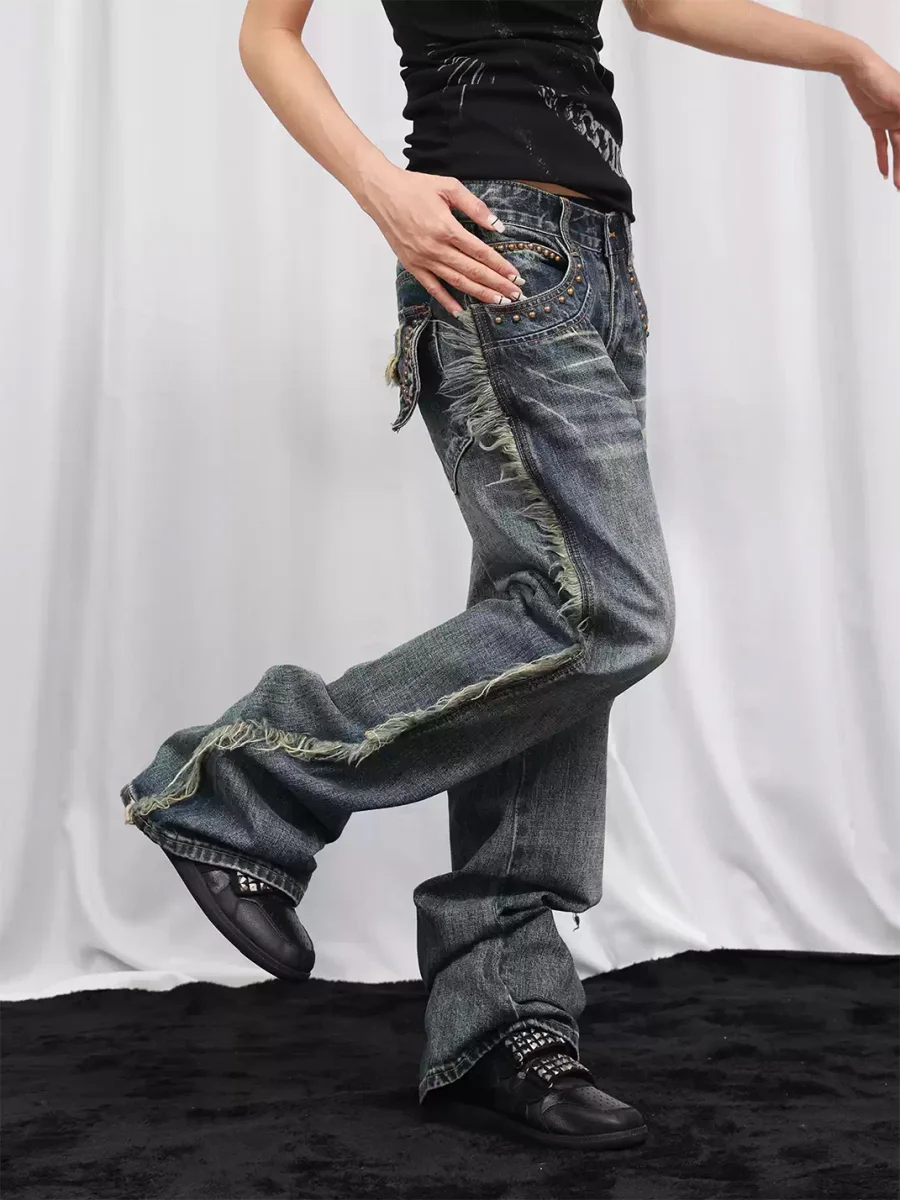 DETW | Washed Blue Frayed Studded Straight Leg Stacked Jeans - 4