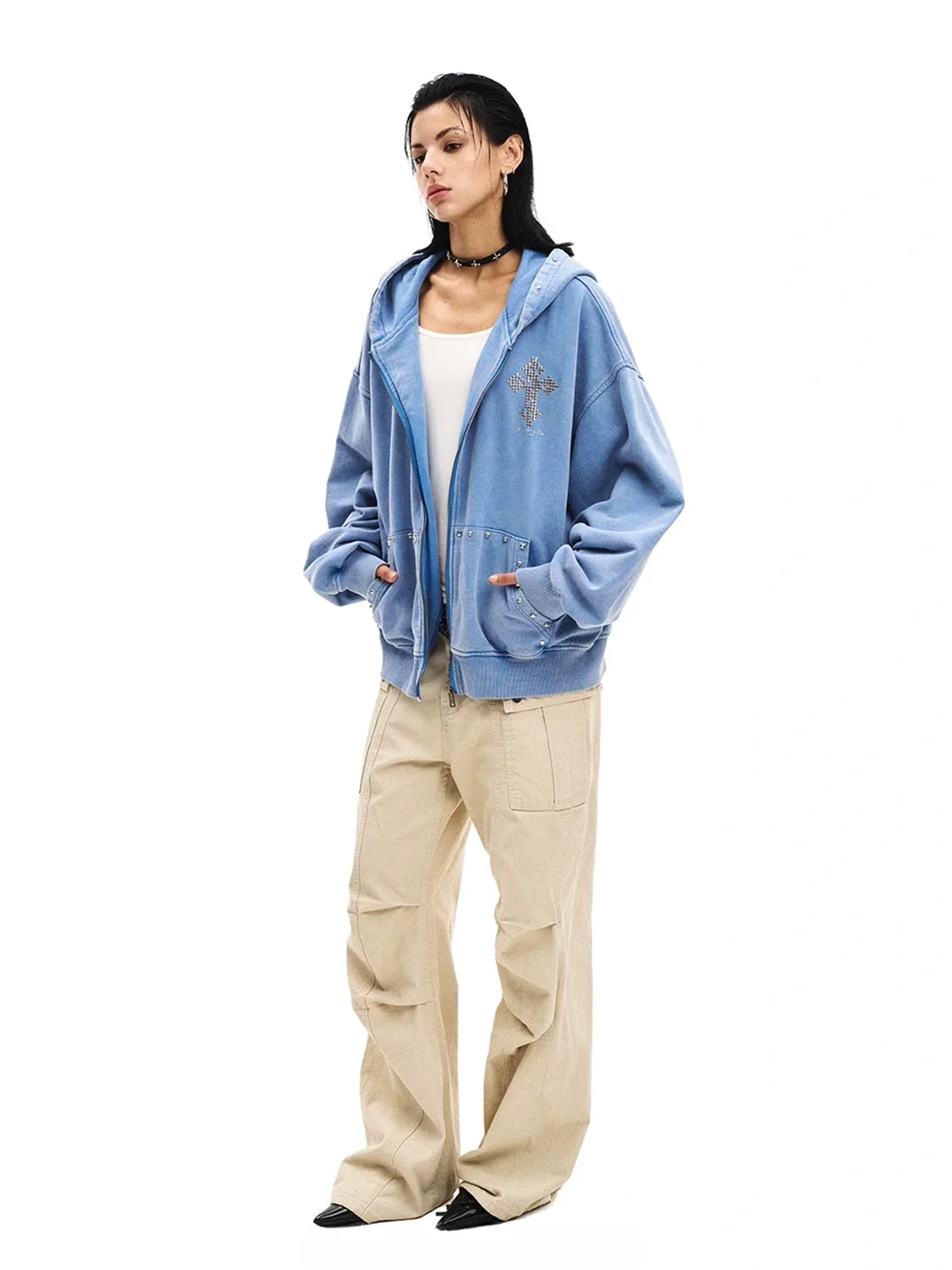 0123 Start | Distressed Studded Cross Loose Zip-Up Hoodie