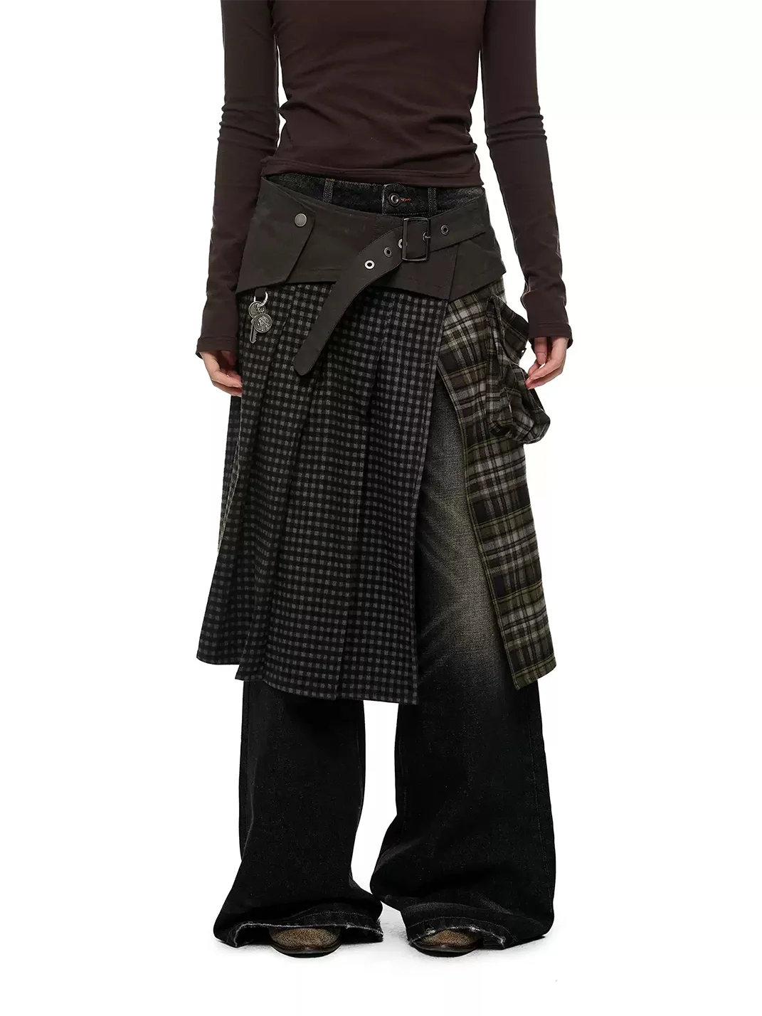JIKOO | Plaid Patchwork High-Slit Cargo Skirt