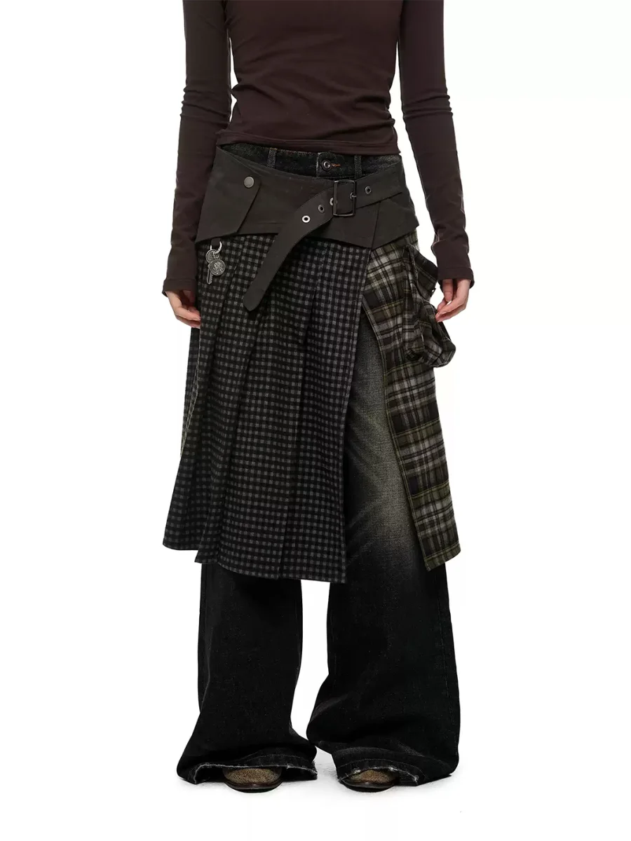 JIKOO | Plaid Patchwork High-Slit Cargo Skirt - 2
