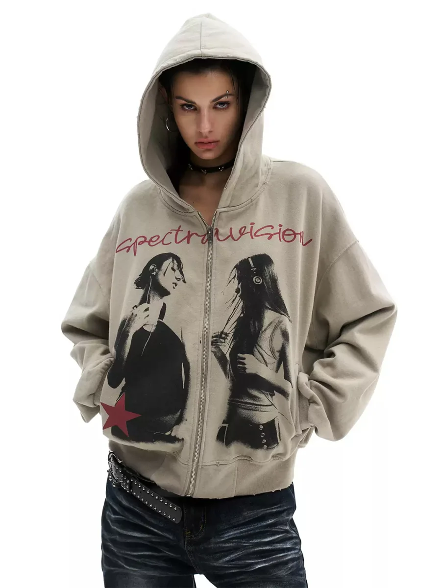 0123 Start | Distressed Portrait Print Loose Zip-Up Hoodie - 3