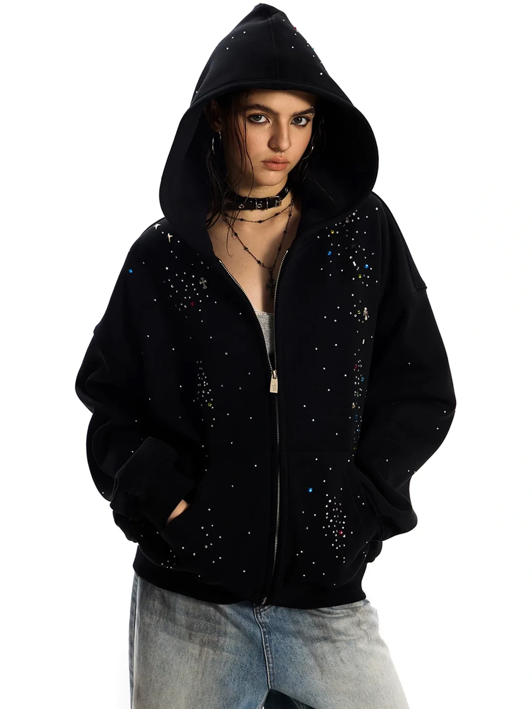 0123 Start | Loose Fit Cross Rhinestone Hooded Sweatshirt