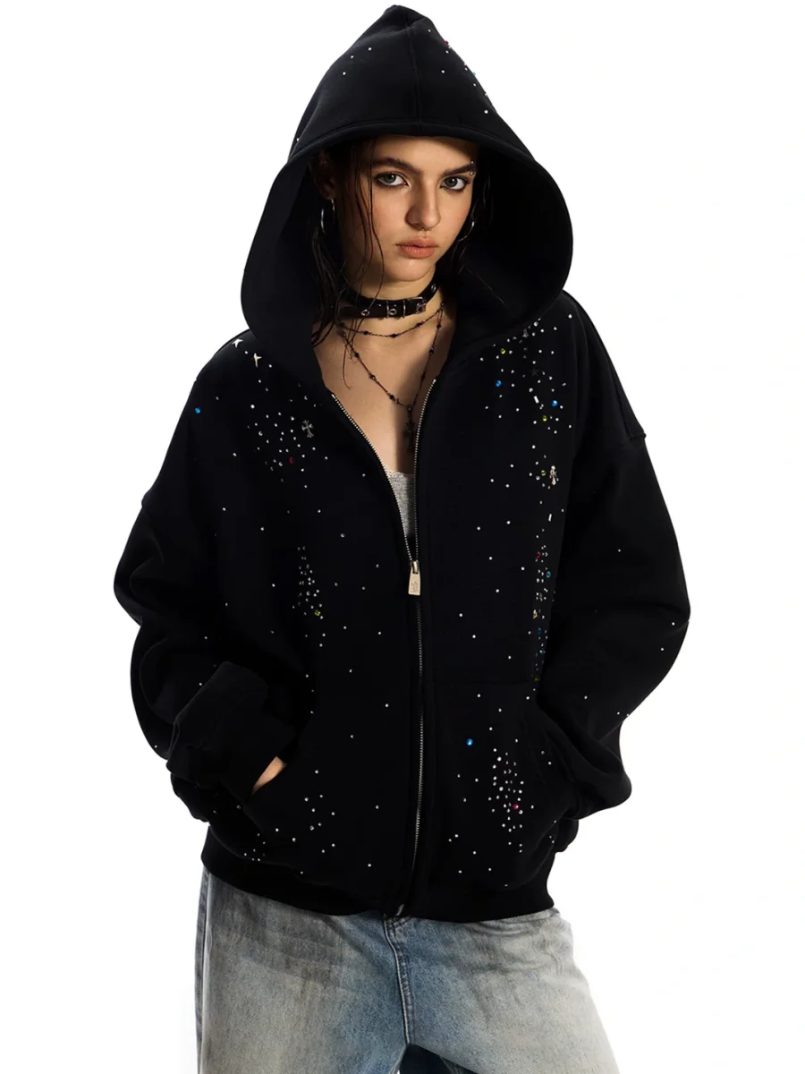 0123 Start | Loose Fit Cross Rhinestone Hooded Sweatshirt - 3