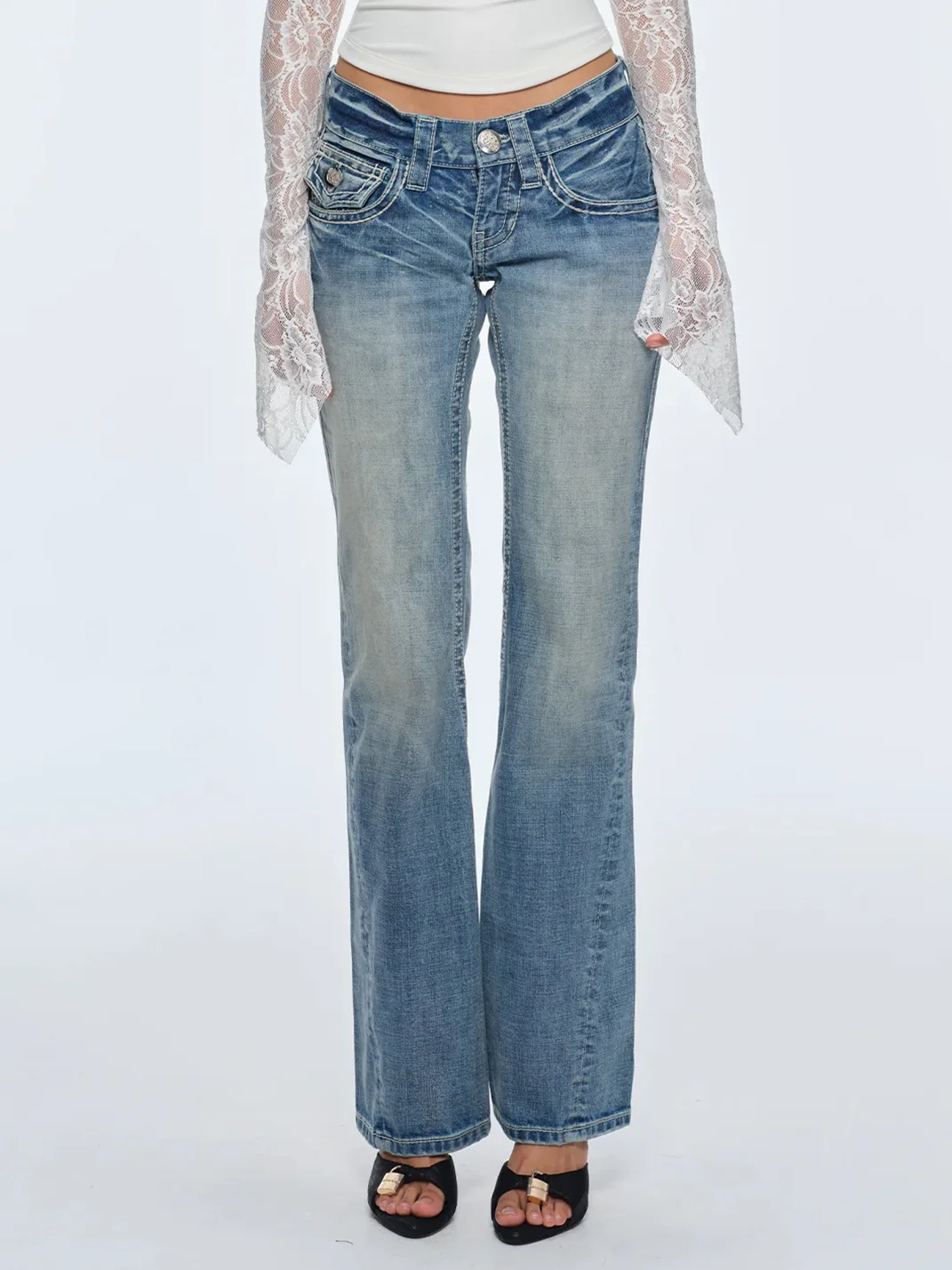 BUM STUDIO | Low-Rise Washed Slight-Flare Jeans With Bold Topstitching