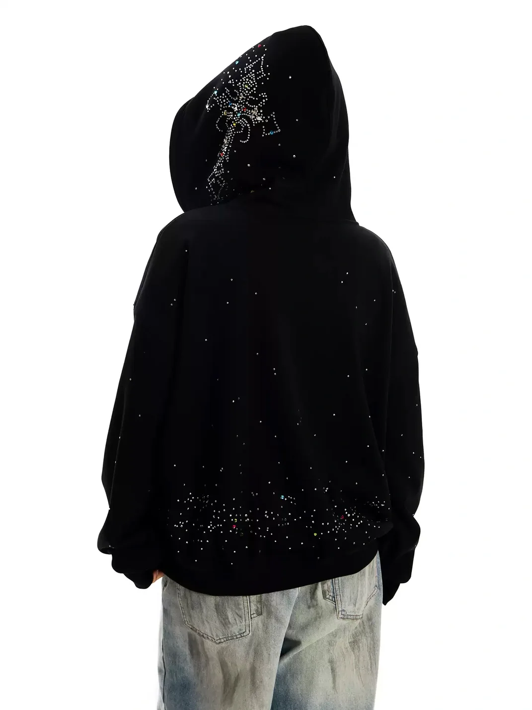 0123 Start | Loose Fit Cross Rhinestone Hooded Sweatshirt