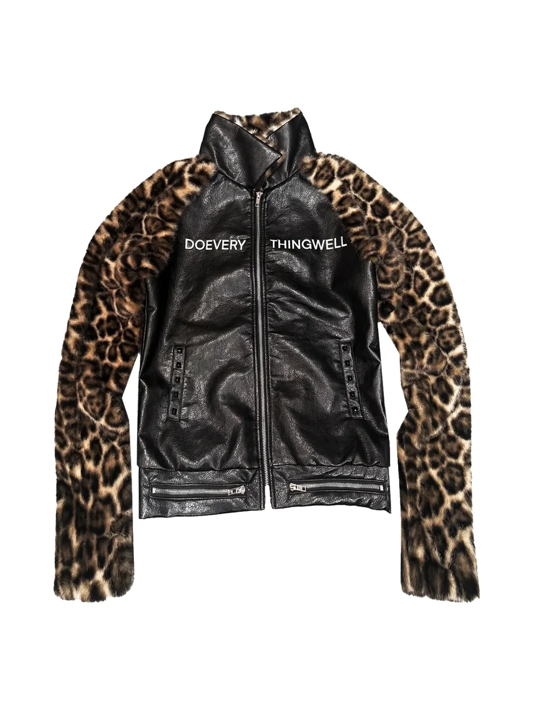 DETW | Cropped Leopard Panel Faux Leather Stand-Collar Raglan Jacket