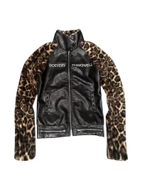 DETW | Cropped Leopard Panel Faux Leather Stand-Collar Raglan Jacket