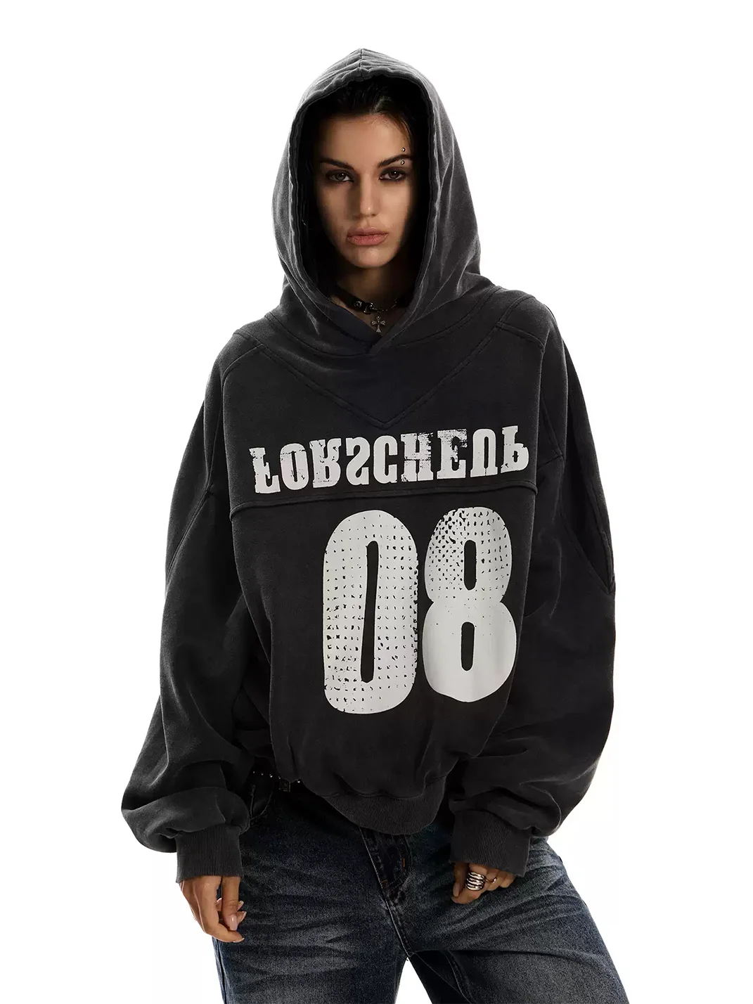 0123 Start | Washed Distressed Loose-Fit Pullover Hoodie
