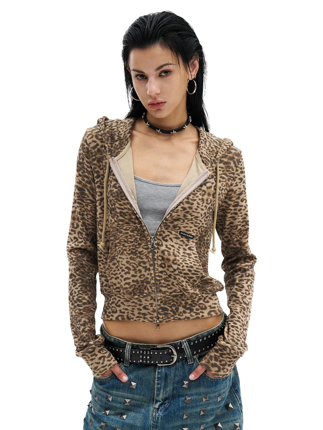 0123 Start | Leopard Print Slim-Fit Cropped Drawstring Hoodie
