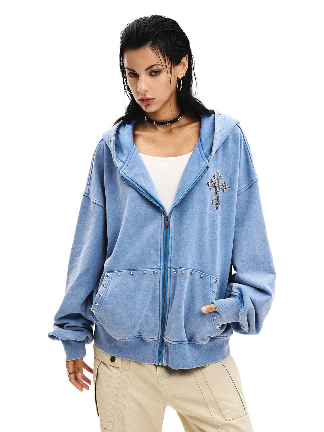 0123 Start | Distressed Studded Cross Loose Zip-Up Hoodie