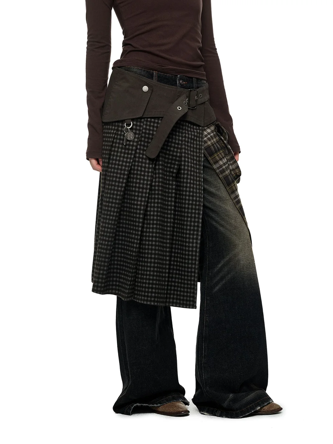 JIKOO | Plaid Patchwork High-Slit Cargo Skirt
