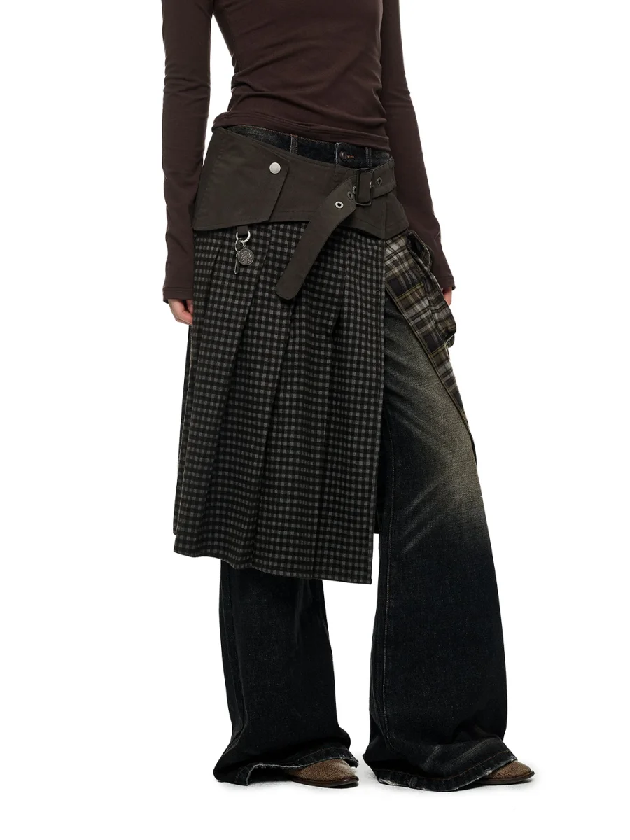 JIKOO | Plaid Patchwork High-Slit Cargo Skirt - 4
