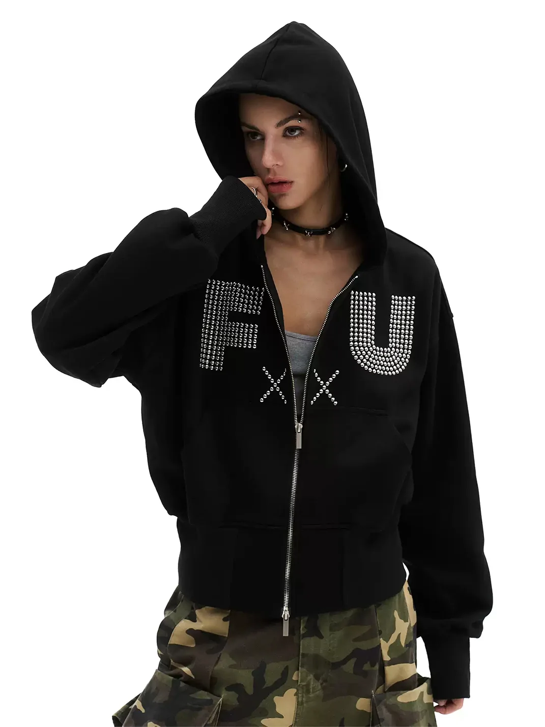 0123 Start | Studded Letter Cropped Zip-Up Hoodie