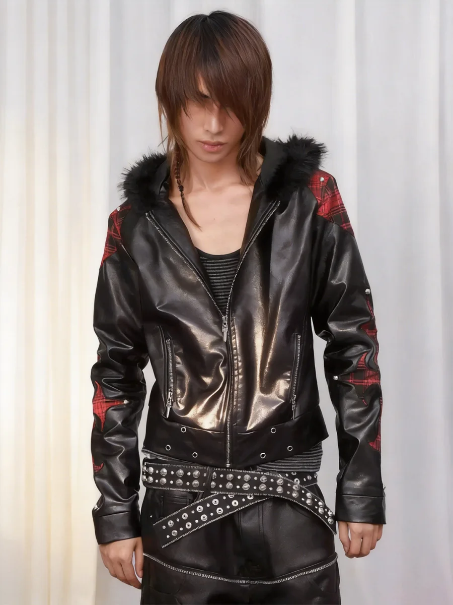 DETW | Studded Plaid Hooded Faux Leather Jacket - 2