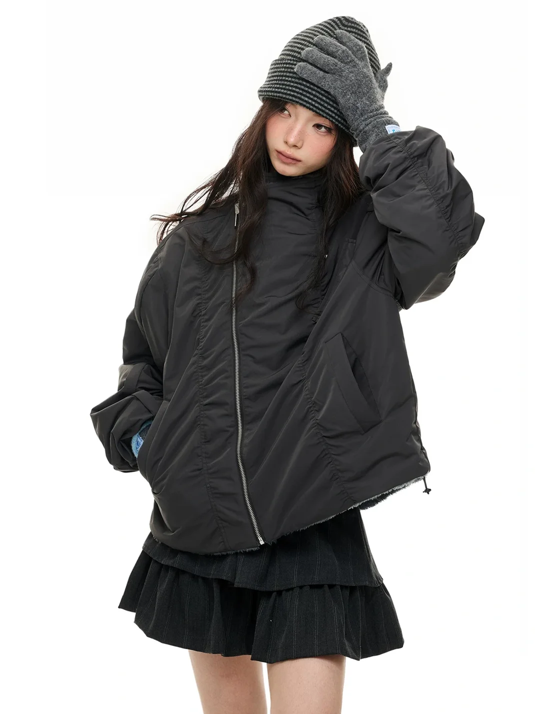 JIKOO | Reversible Asymmetric Stand Collar Padded Jacket