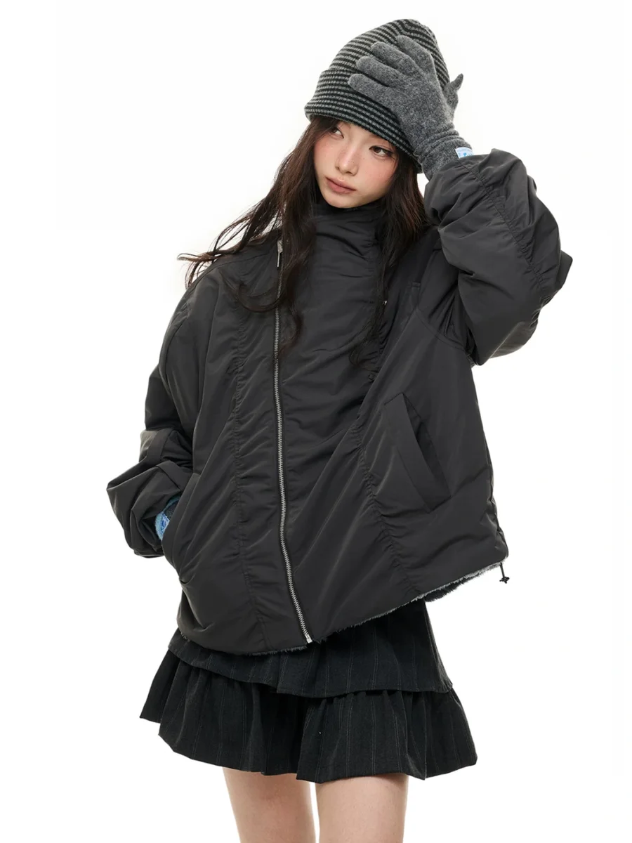 JIKOO | Reversible Asymmetric Stand Collar Padded Jacket - 2