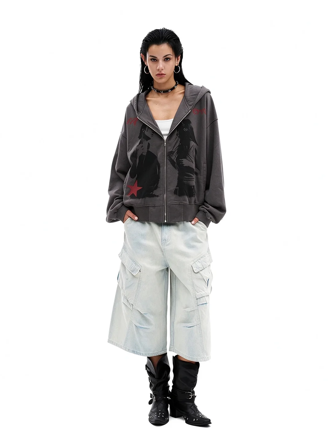 0123 Start | Distressed Portrait Print Loose Zip-Up Hoodie