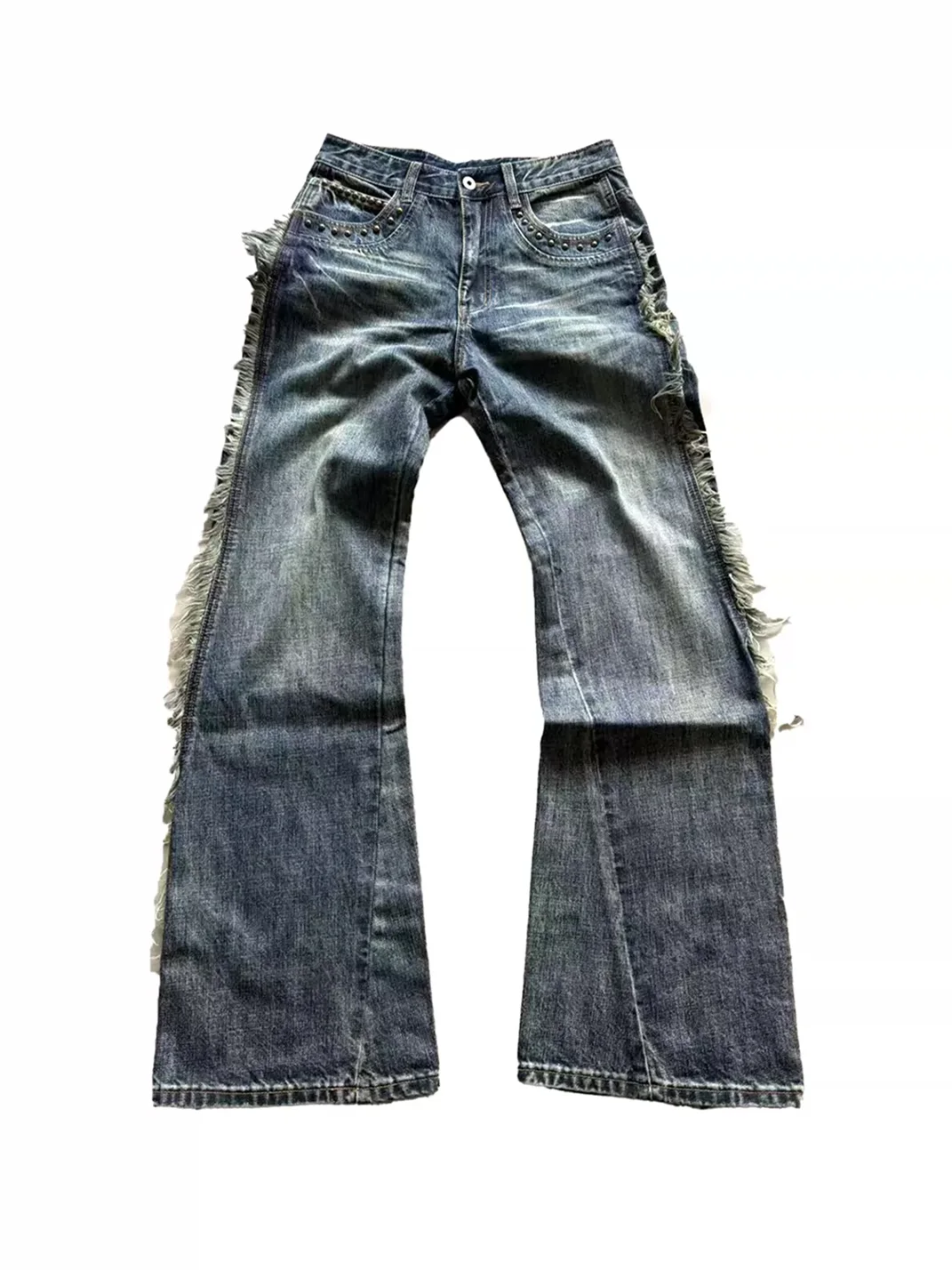 DETW | Washed Blue Frayed Studded Straight Leg Stacked Jeans