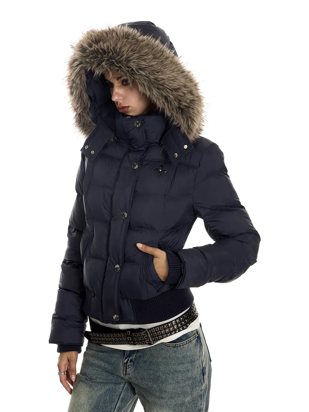 0123 Start | Slim-Fit Cropped Plush-Trim Hooded Padded Jacket