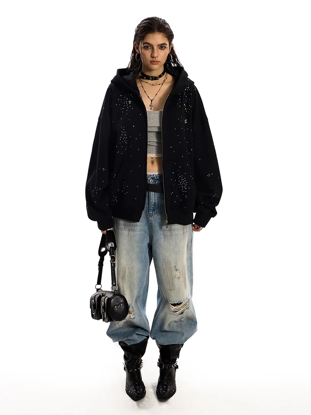0123 Start | Loose Fit Cross Rhinestone Hooded Sweatshirt