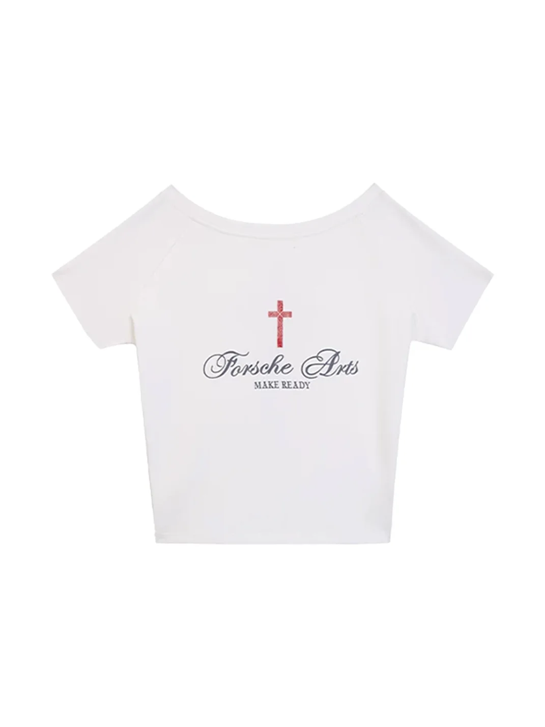 0123 Start | Loose Off-Shoulder Cross Print Short-Sleeve T-Shirt