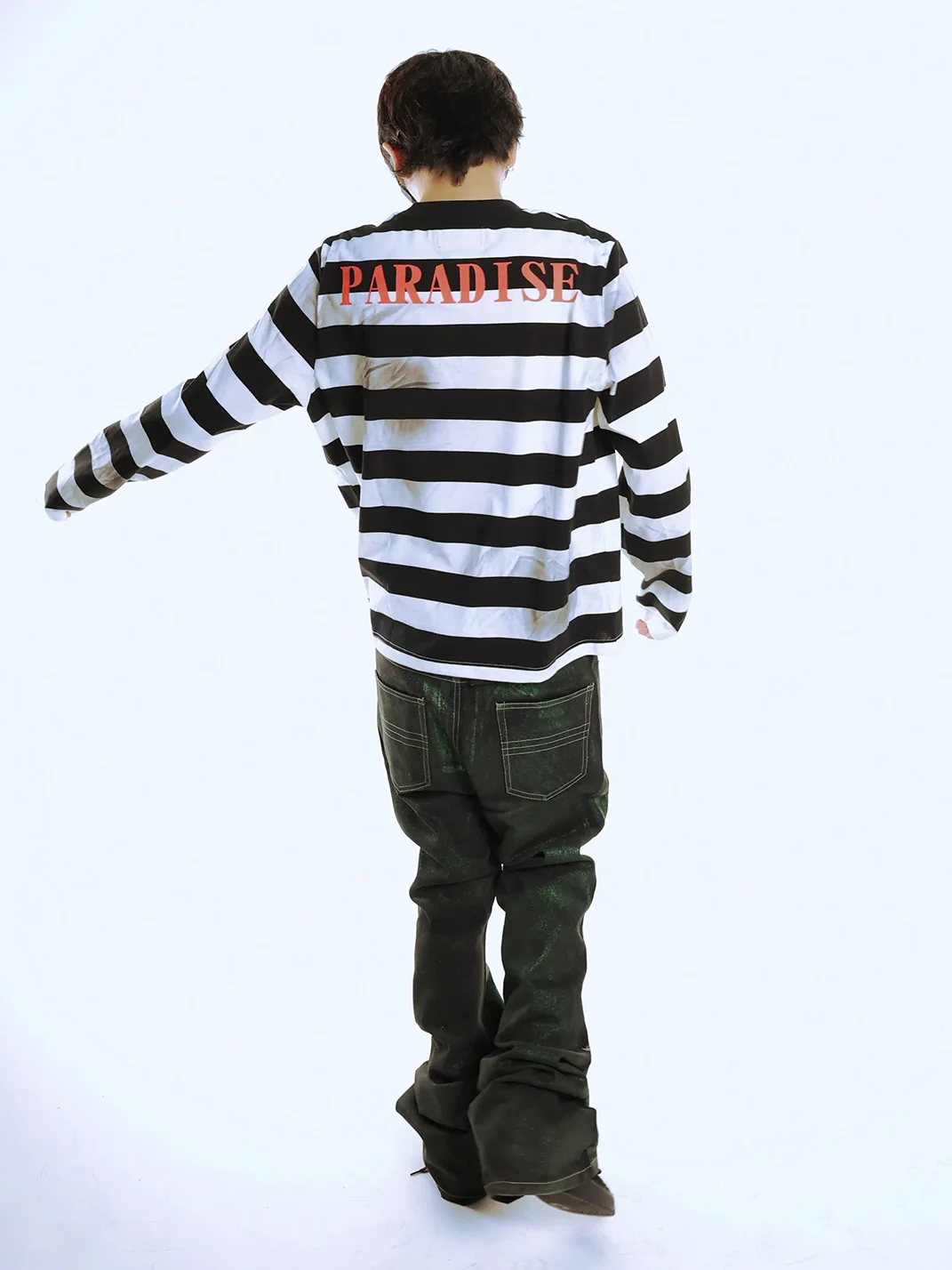 PCCVISION | Distressed Striped Long Sleeve Graphic T-Shirt