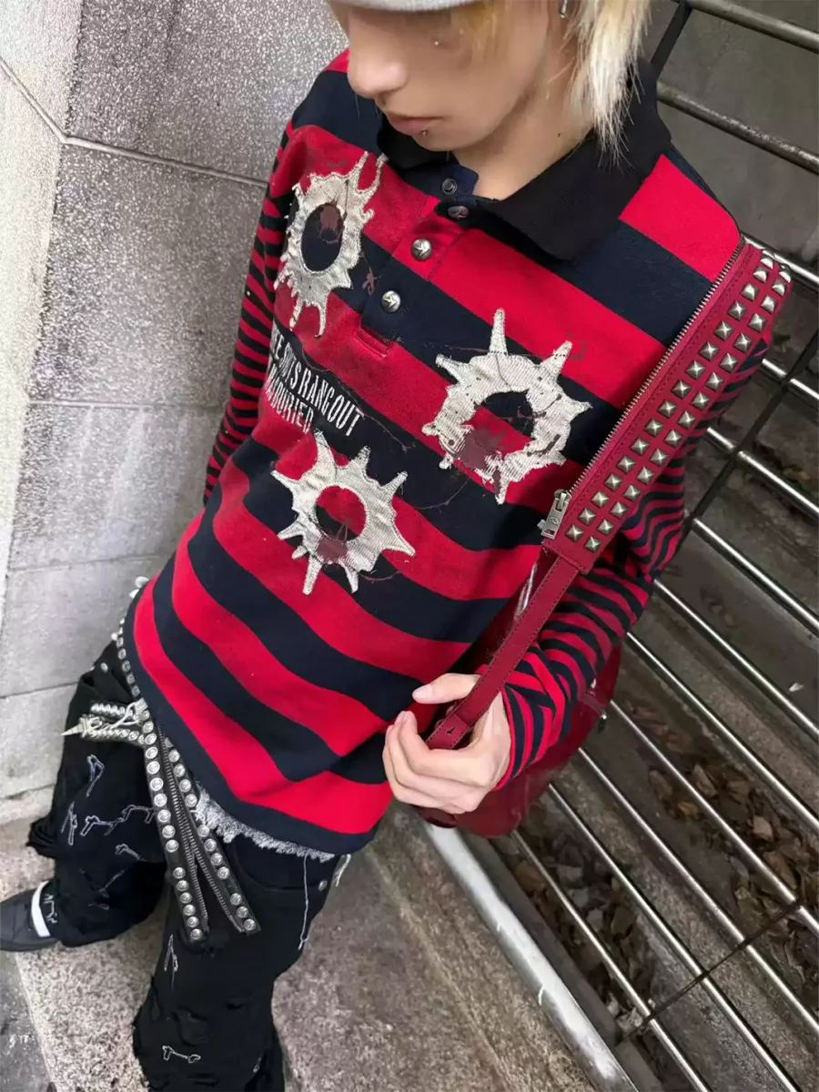 4AMSTUDIO | Distressed Contrast Long Sleeve Polo Shirt - 2