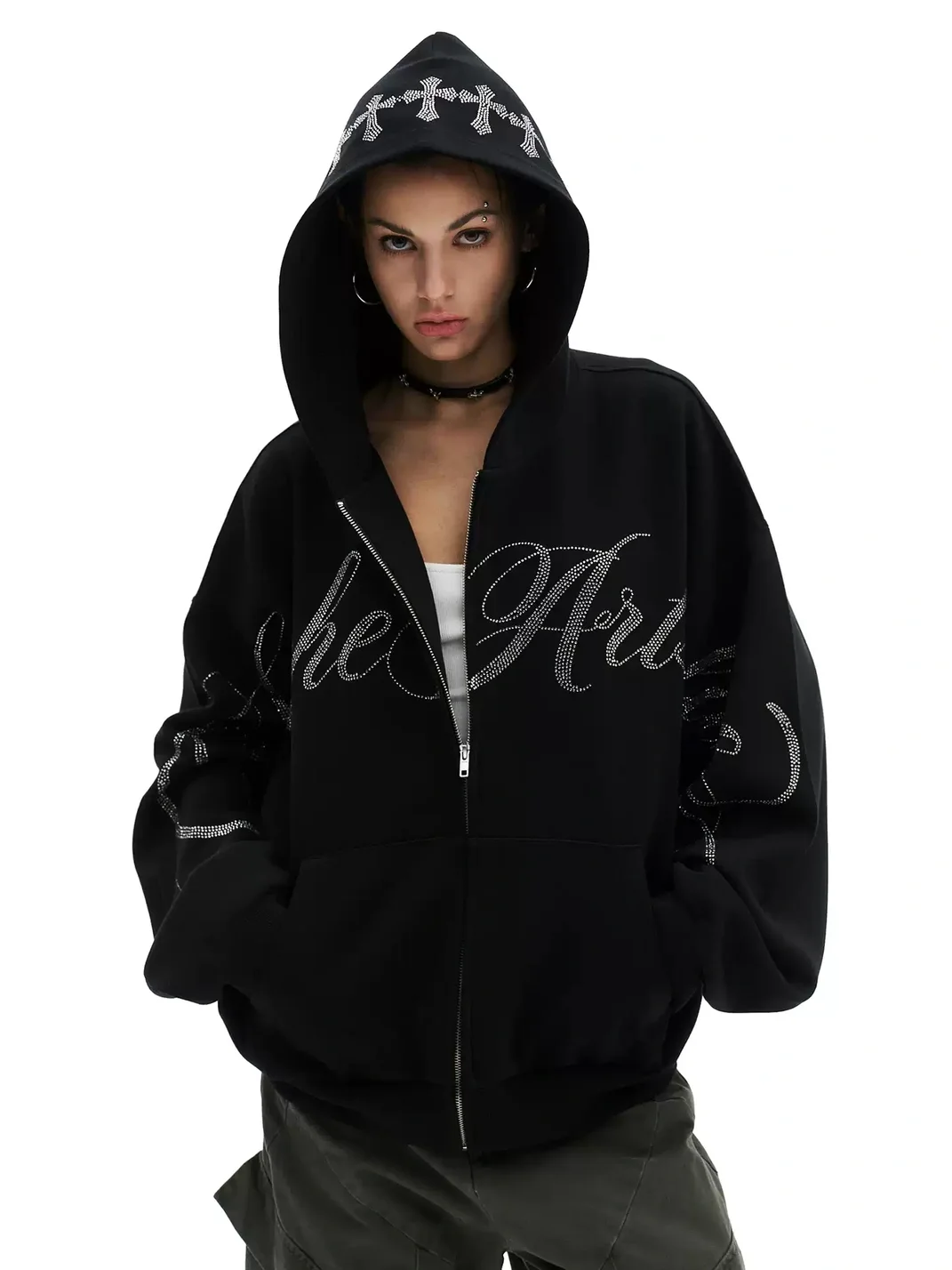 0123 Start | Loose Rhinestone Cross Lettering Zip-Up Hoodie
