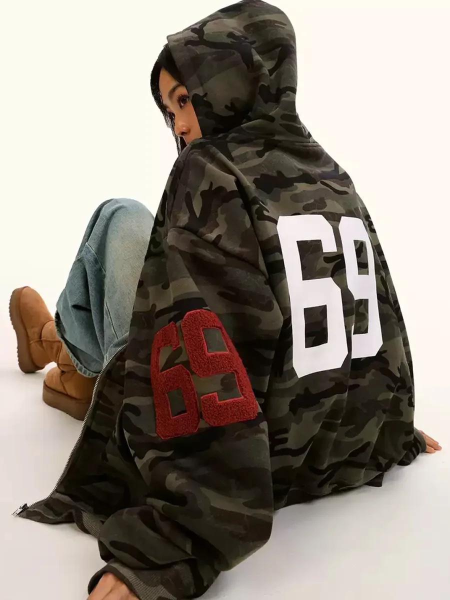 0123 Start | Loose Fit Fleece-Lined Camouflage Zip-Up Hoodie - 4