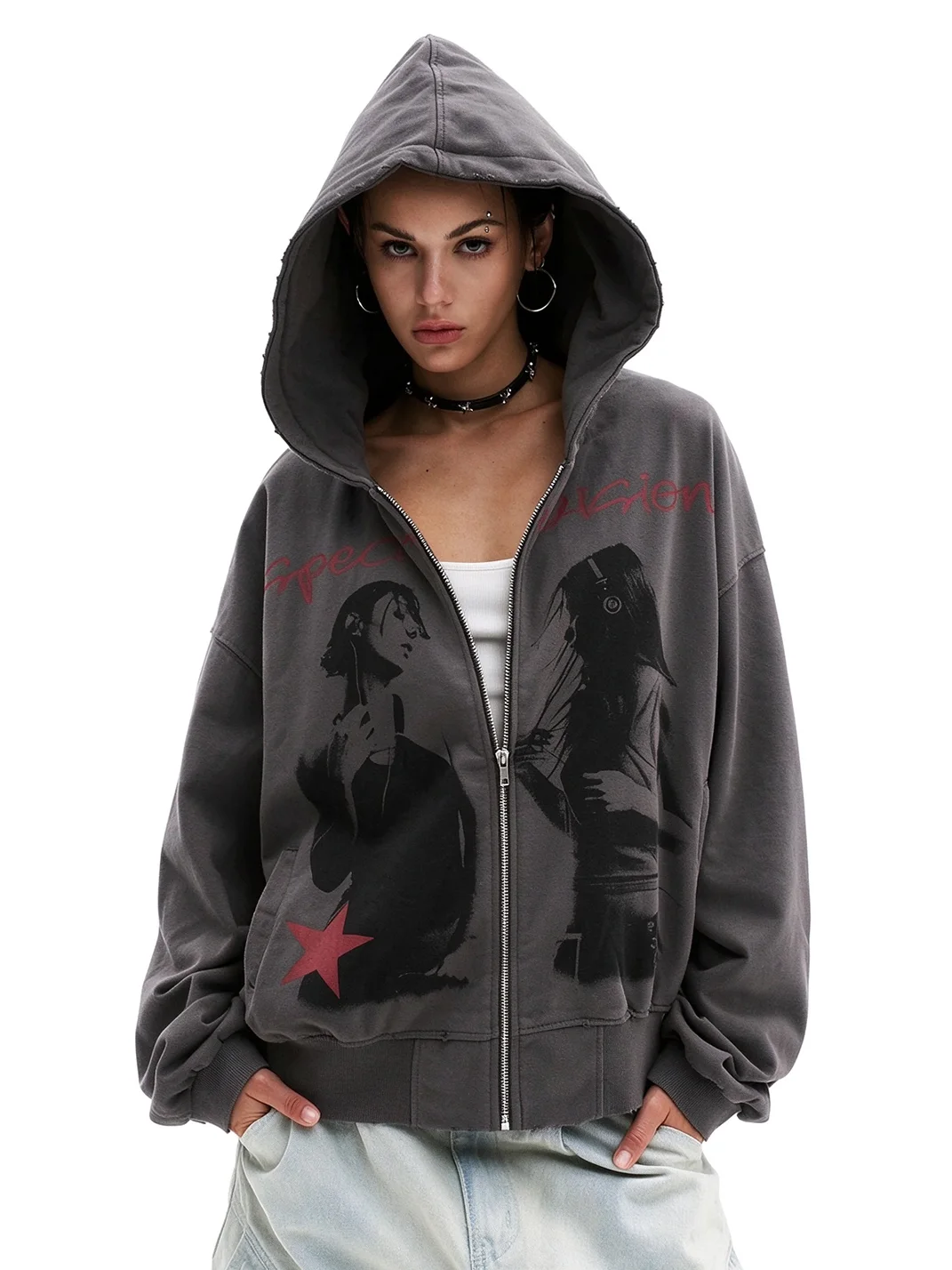 0123 Start | Distressed Portrait Print Loose Zip-Up Hoodie