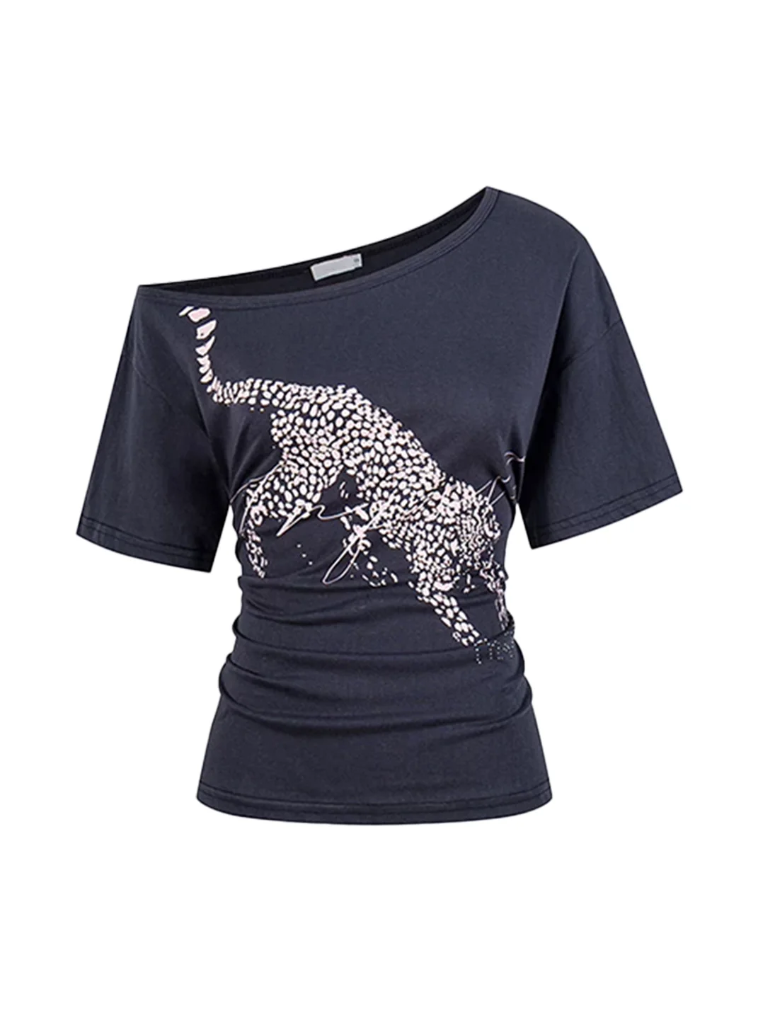 0123 Start | Loose Leopard Graphic Off-Shoulder Short-Sleeve T-Shirt