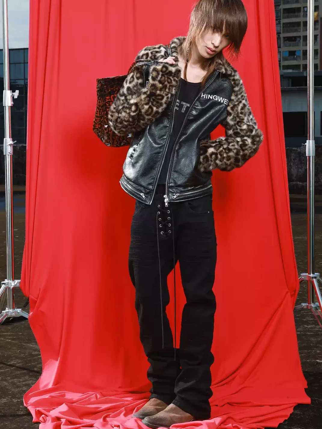 DETW | Cropped Leopard Panel Faux Leather Stand-Collar Raglan Jacket