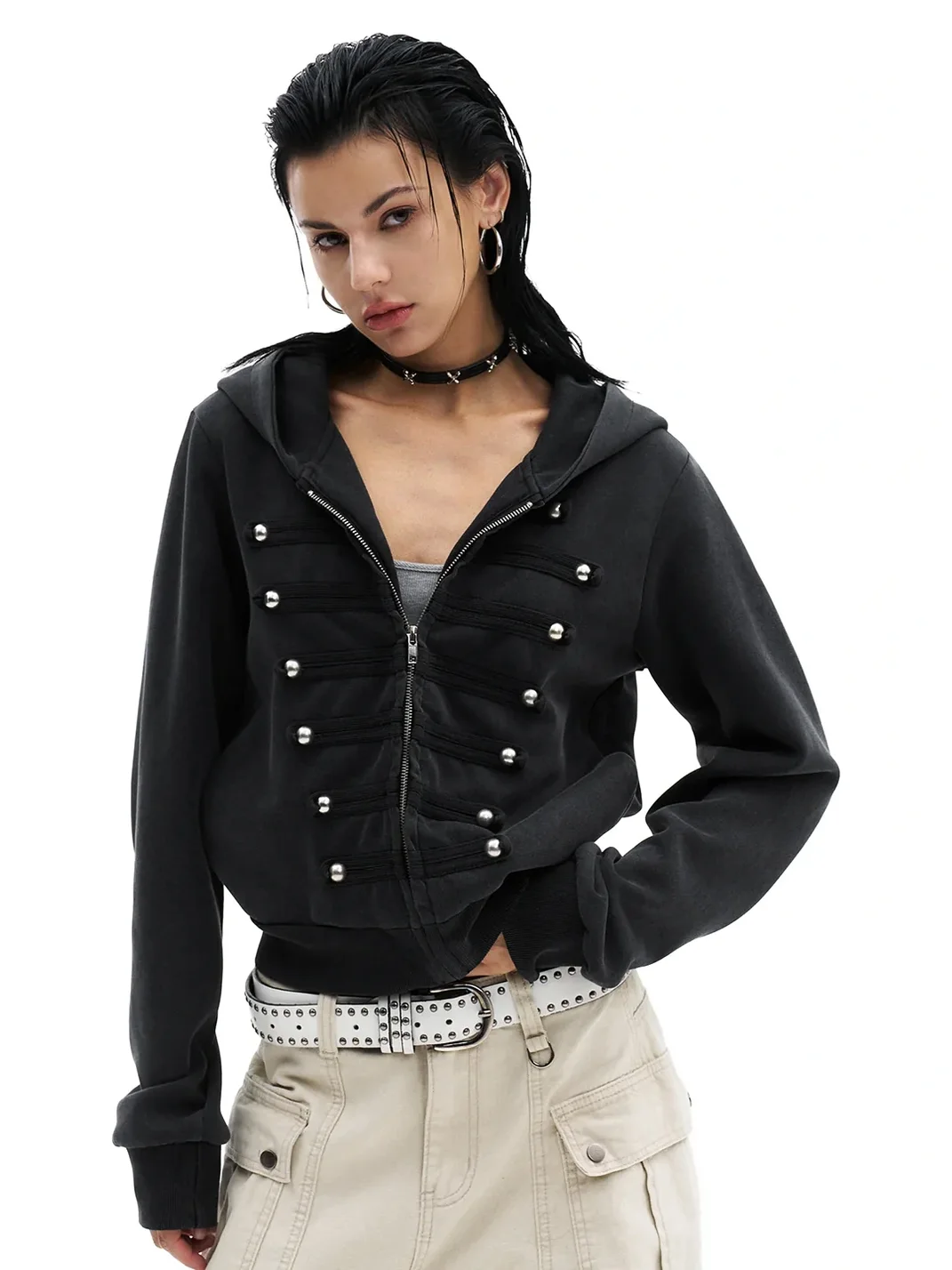0123 Start | Washed Cropped Hooded Double-Breasted Slim-Fit Jacket