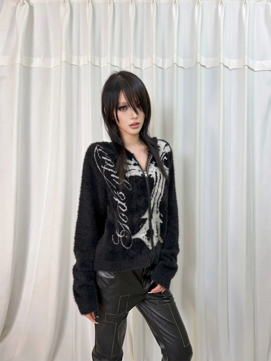 Gods plan | Cross Print Hooded Zip-Up Knit Cardigan - 2