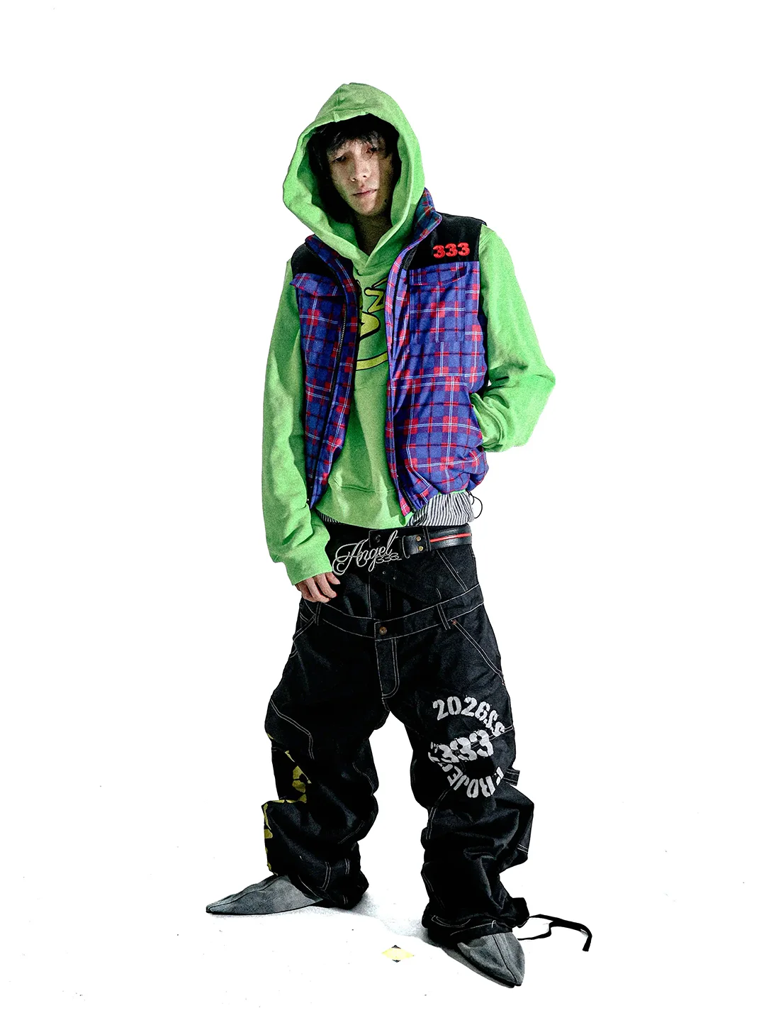 PCCVISION | Double-Waist Distressed Pleated Printed Double-Knee Loose Cargo Pants