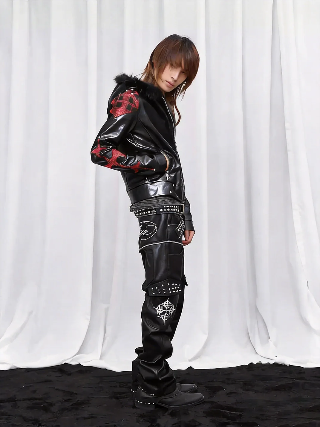 DETW | Studded Plaid Hooded Faux Leather Jacket