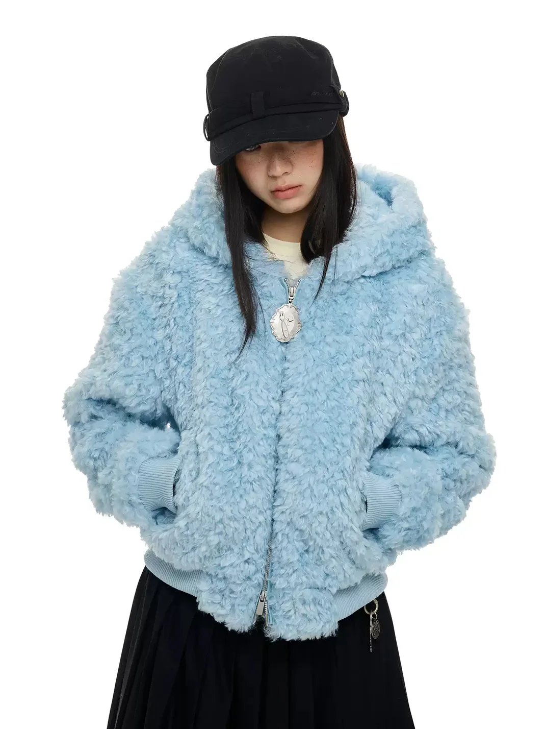 JIKOO | Thick Hooded Cropped Faux Wool Jacket