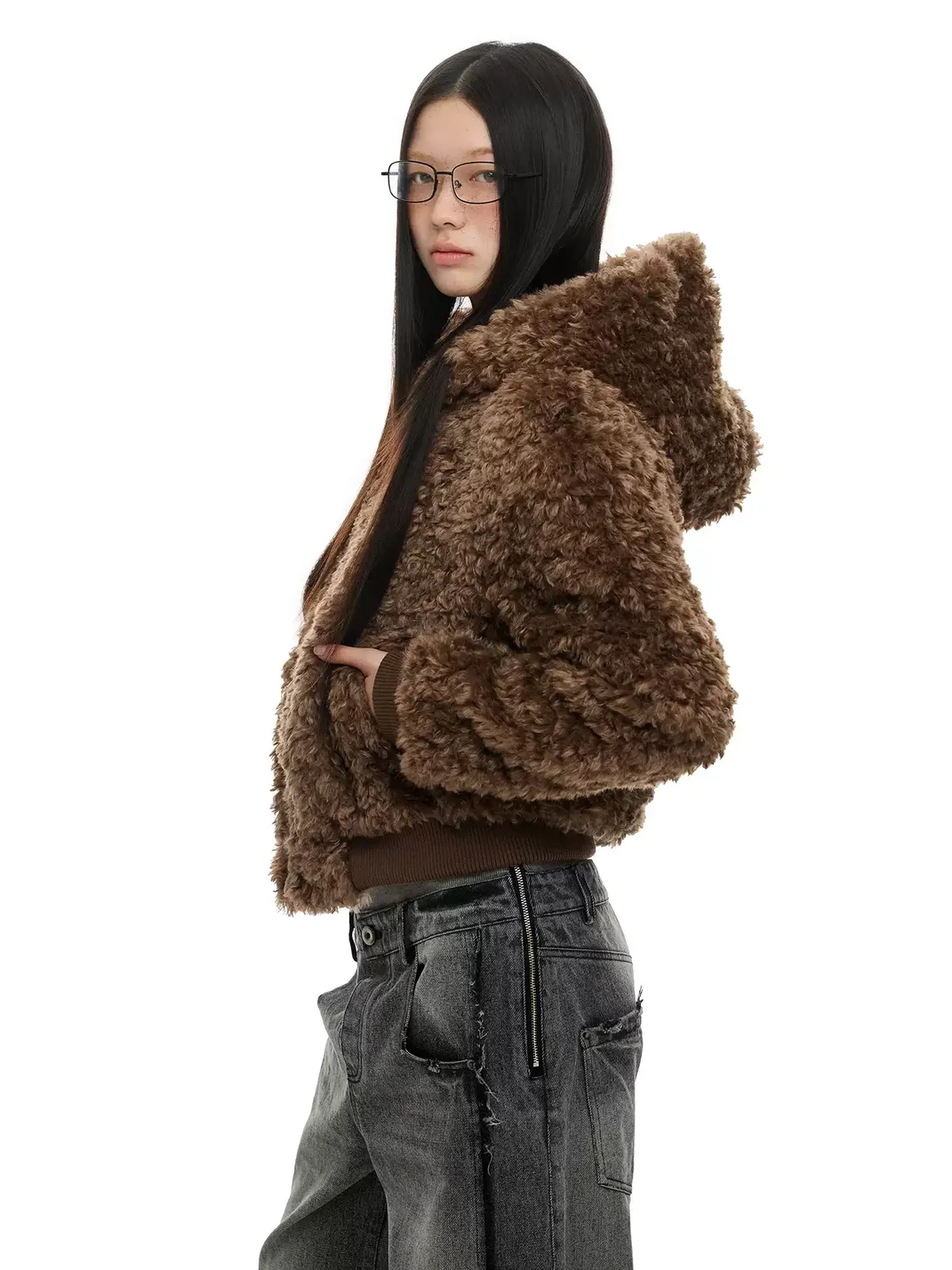 JIKOO | Thick Hooded Cropped Faux Wool Jacket