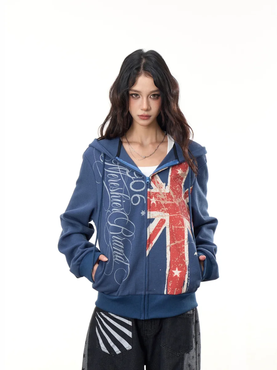ONLPP | Distressed Flag Print Waffle Zip-Up Hoodie - 4