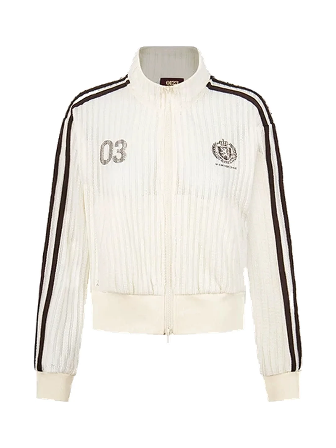 0123 Start | Striped Openwork Knit Cropped Stand Collar Jacket