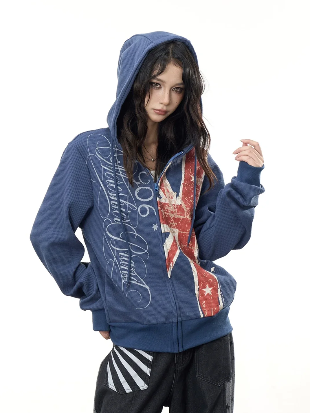 ONLPP | Distressed Flag Print Waffle Zip-Up Hoodie