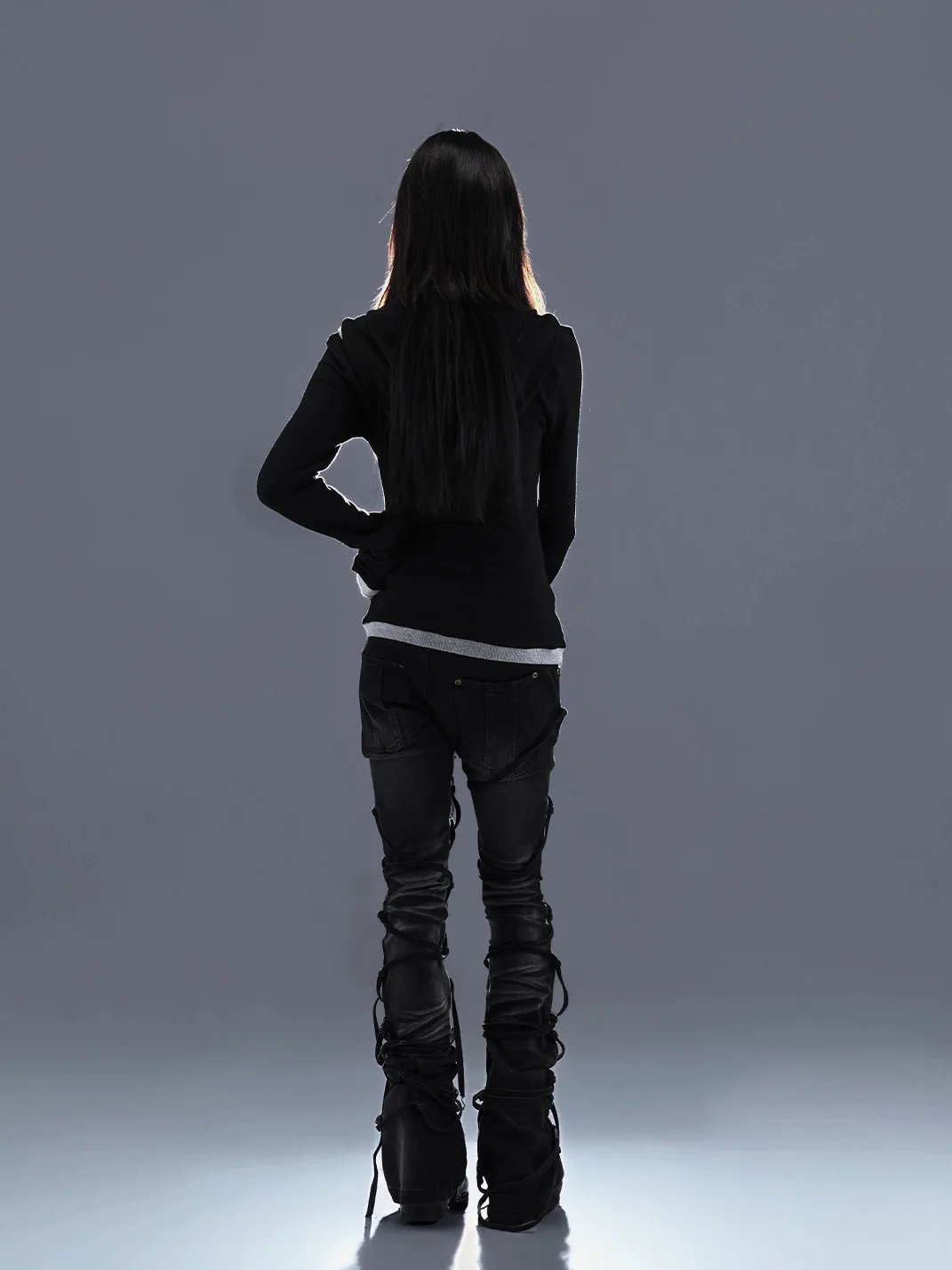 PCCVISION | Lace-Up Distressed Stretch Slim-Fit Flared Jeans
