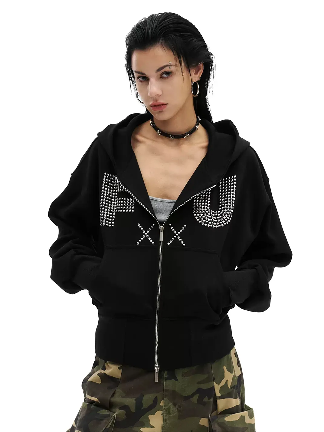 0123 Start | Studded Letter Cropped Zip-Up Hoodie