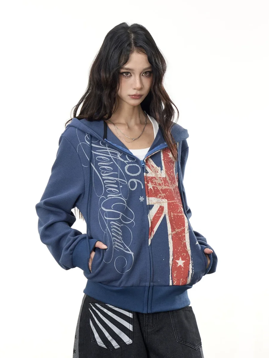 ONLPP | Distressed Flag Print Waffle Zip-Up Hoodie - 2