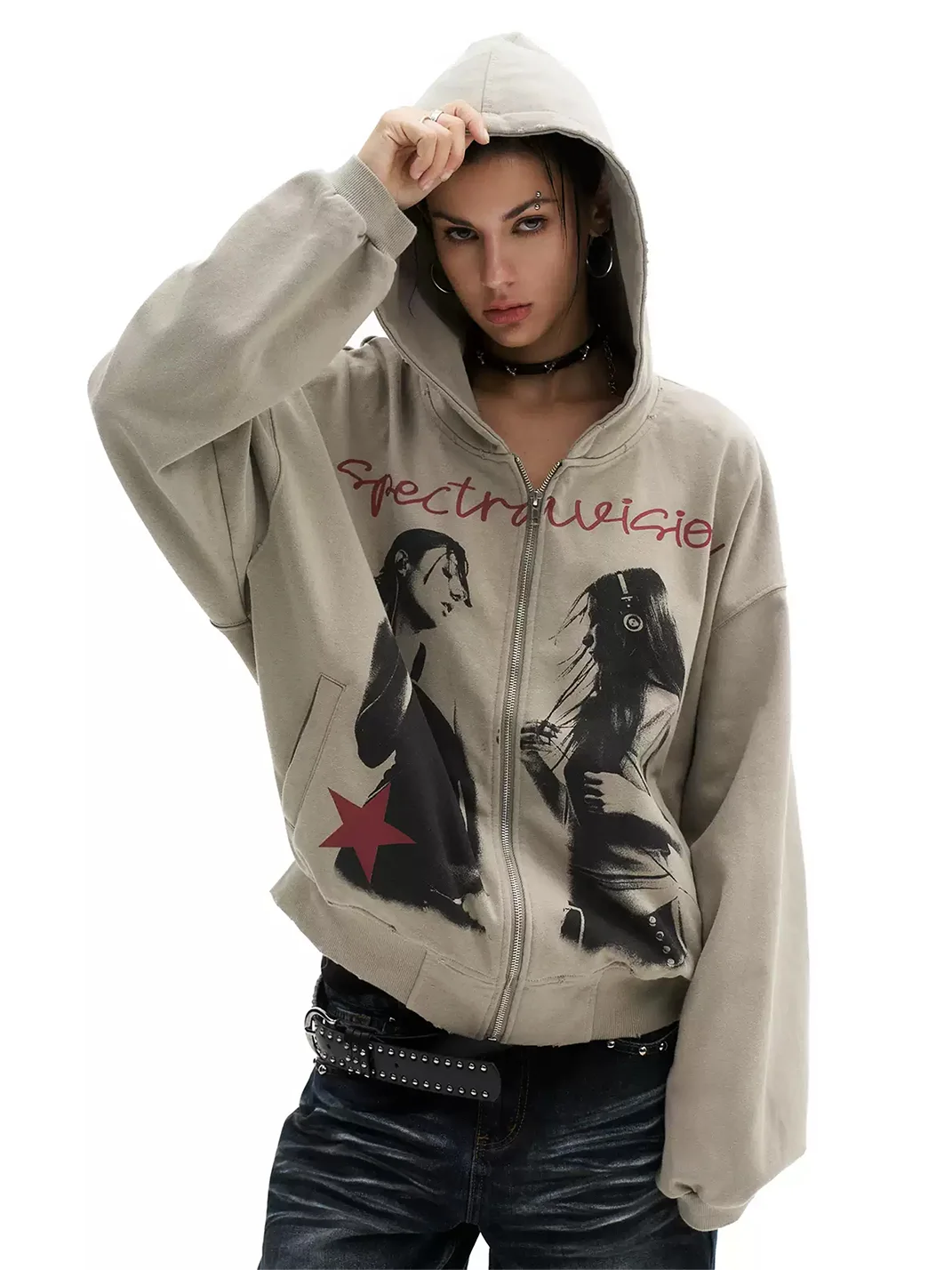 0123 Start | Distressed Portrait Print Loose Zip-Up Hoodie