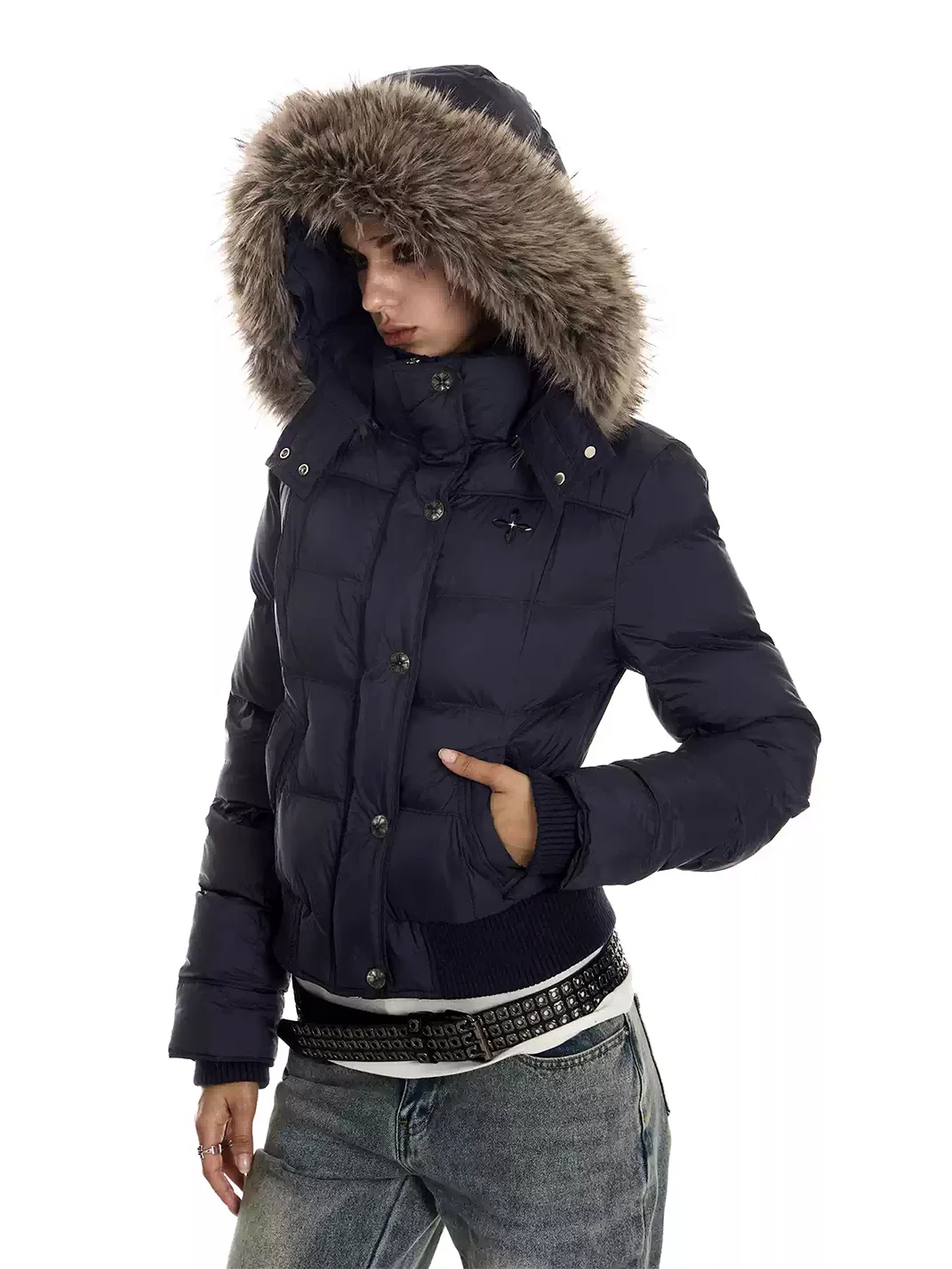 0123 Start | Slim-Fit Cropped Fur-Trim Padded Jacket