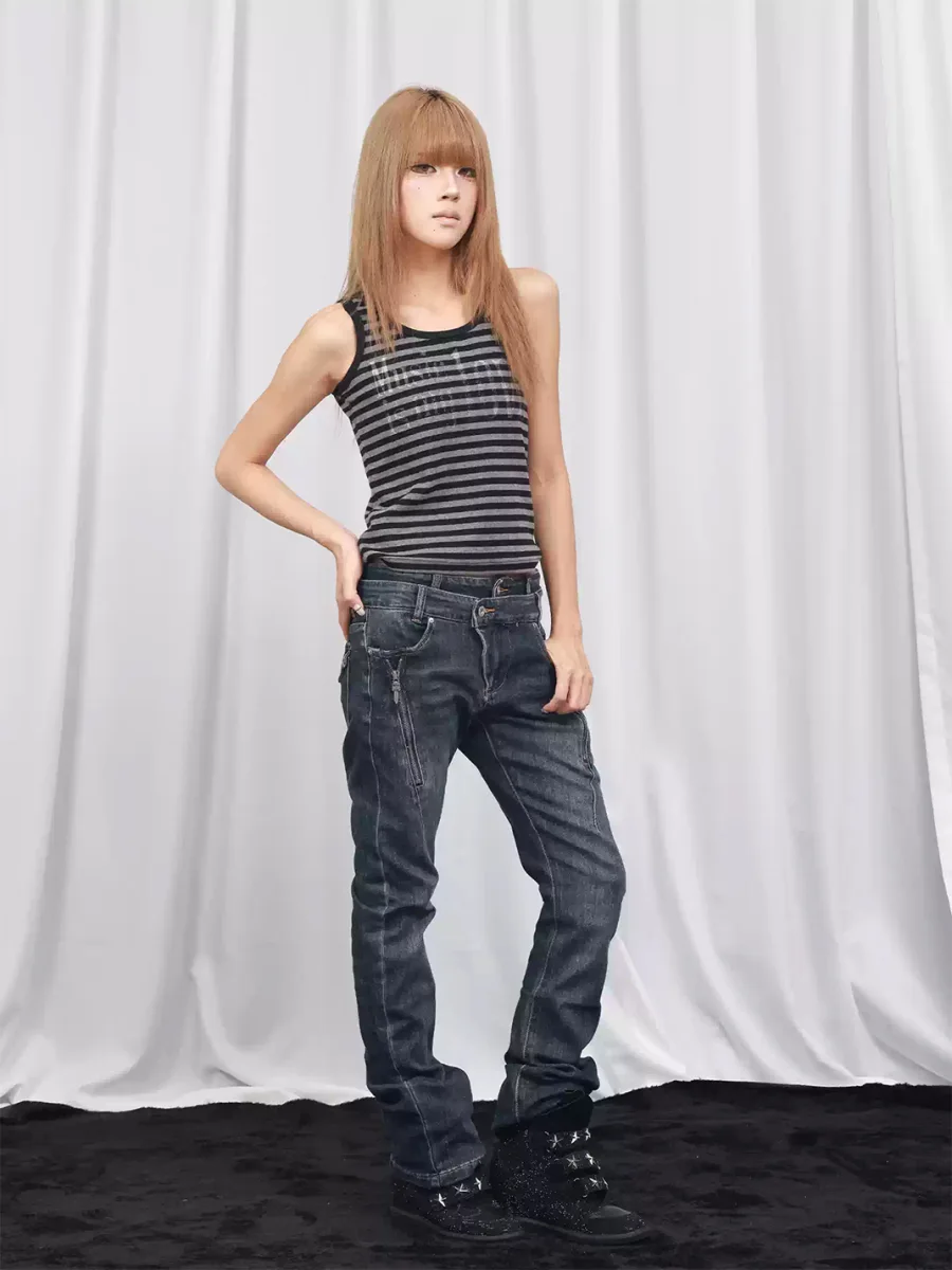 DETW | Double Waistband Slim Fit Zipper Detail Jeans - 4