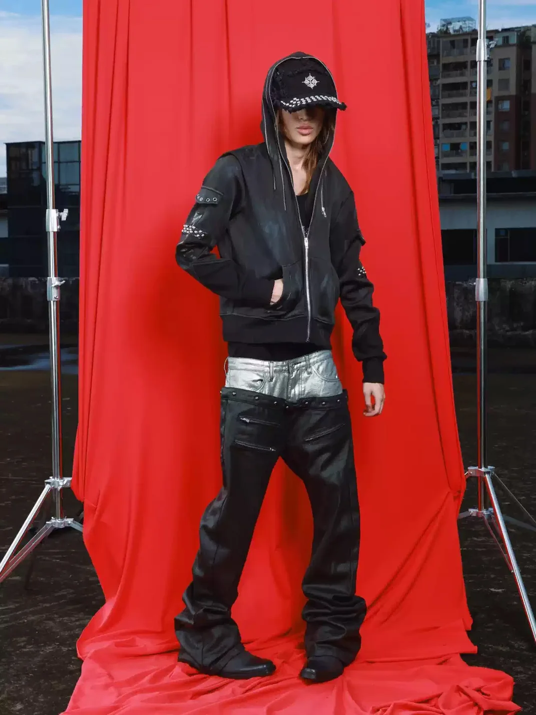 DETW | Distressed Studded Multi-Zip Hooded Sweatshirt Jacket